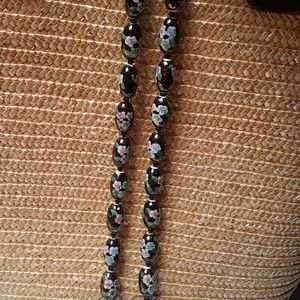 Black oval Cloisonne pastel floral bead ne…